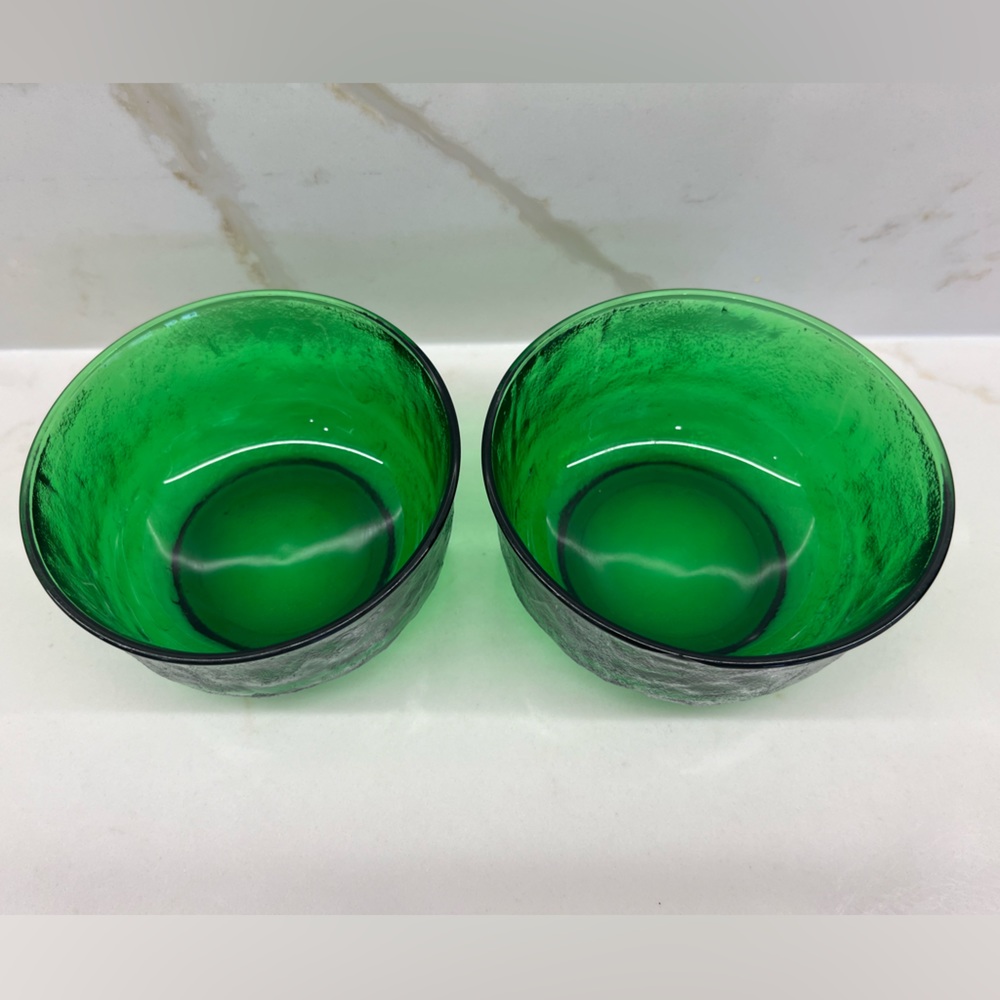 Set of (2) Vintage Arcoroc Textured Emerald Green Bowls Dessert Fruit Bowls